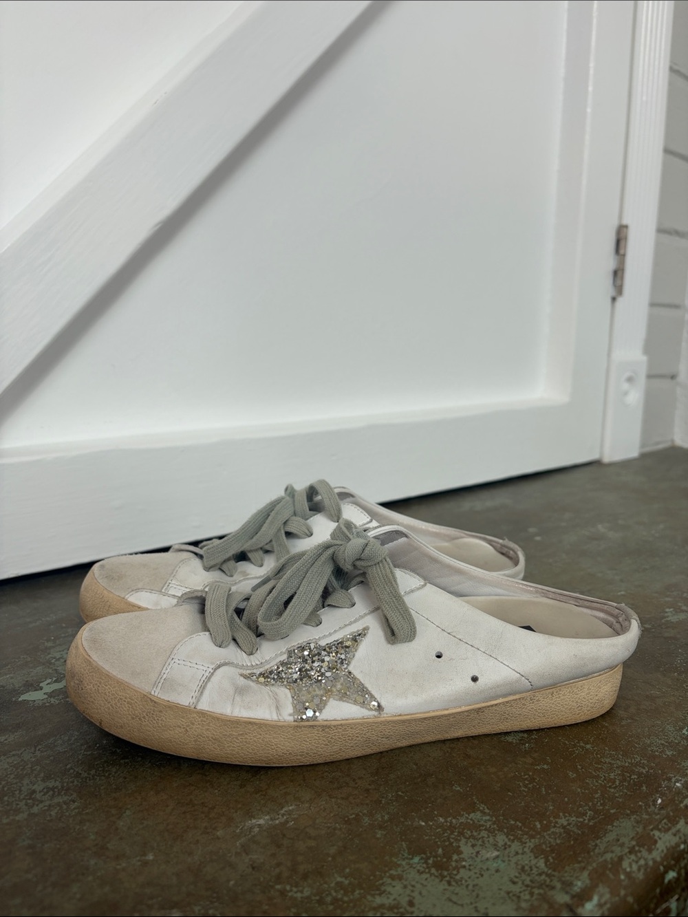 Golden Goose White Sneakers with Glitter Silver Star and Tan Sole